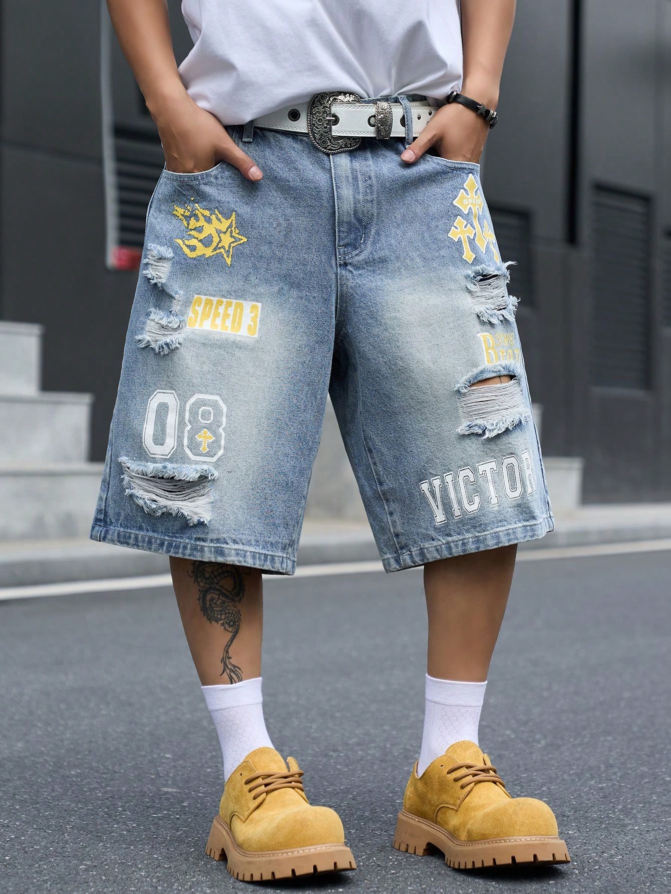 Men's Loose Fit Denim Bermuda  - Street Fashion Art 评论和价格